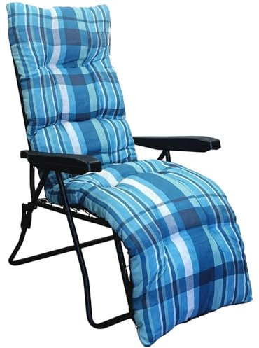 Marvin Sdraio da Giardino con Poggiapiedi Reclinabile Regolabile in 6 Posizioni Flock, Poltrona Sedia Sdraio con Cuscino Imbottito 8cm Braccioli Automatica Interno o Esterno (Azzurro scozzese)