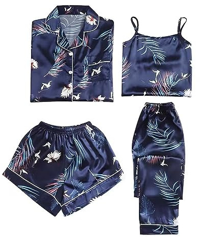 Ensemble pyjama pour femme - Pantalon court - Ensemble 4 pièces - Pyjama en satin sexy avec boutons - Sans manches - Débardeur léger et fin - Chemise de nuit à revers, bleu, L