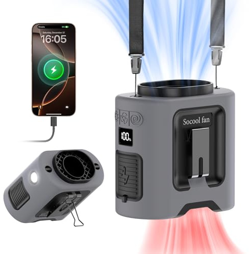 Socool 14500mAh Portable Waist Fan with 360 Rotation, Rechargeable Mini Personal Clip On Belt Shirt Fan 67Hrs Cooling Wearable Hanging Neck Fans with 5 Speeds & LED Light For Outdoor Working Jobsite