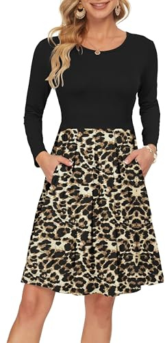 AUSELILY Langarm Rundhals Plissee Knielanges Kleid Taschen | winterkleider damen knielang,kleid mit taschen damen,rundhalskleid für den alltag,bequemer stoff,Polyester+Spandex