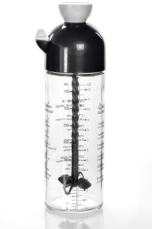 Bouteille Graduée pour Vinaigrette avec Mélangeur Intégré, 350 ml, Noir et Blanc, Doseur Double Graduation ML/OZ