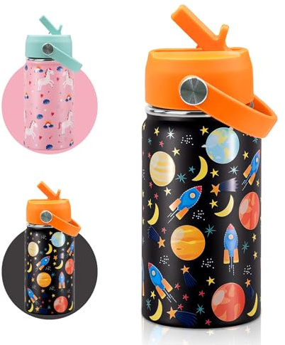 AMFUN Barnvattenflaska i rostfritt stål, 350 ml, isolerad vattenflaska, termisk flaska med sugrör, återanvändbar, BPA-fri, läckagesäker, bärhandtag (rymdmodell)
