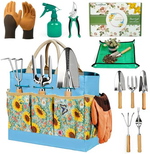 SLARMOR Gartenwerkzeug Set, 11 Stück Edelstahl gartengeräte mit Gartenschere, Garten zubehör Set mit Handschuhen, Blumen-Tragetasche, Sprühflasche, Umtopfmatte - gartenwerkzeuge für Gartenarbeit