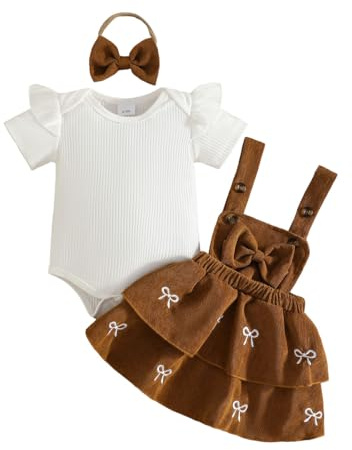 JENJON Bambina Neonata Gonne Set Top a Coste a Maniche Corte+Fiocco/Quadri Gonna a Bretelle in Velluto a Coste 3 Pezzi Completo Estivo Autunno Set 3Pcs Fiocco marrone 6-12 Mesi