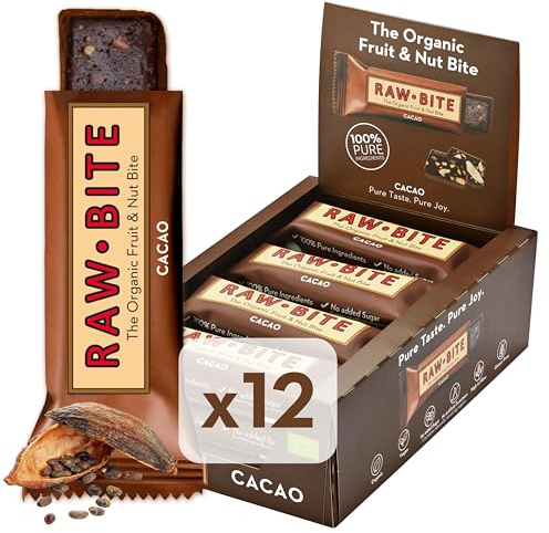 RAWBITE Cacao Riegel – Bio Frucht-Nuss Riegel ohne Zuckerzusatz (12x50g) | 100 % Bio & veganer Frucht-Nuss-Riegel aus Datteln, Mandeln & Kakao. Ohne Zuckerzusatz, gluten- & laktosefrei.