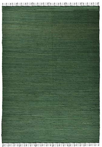 Theko Dhurry | Fleckerl | Flachgewebe-Teppich aus 100% Baumwolle; handgewebt, waschbar, beidseitig verwendbar | 70 x 140 cm; Dunkelgrün | Happy Cotton