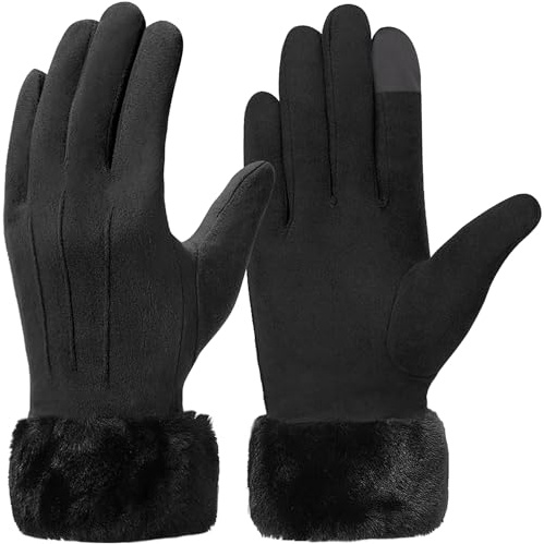 Vagasi Women Touch Screen Gloves - Winter Warm Fleece Lined Touchscreen Ladies Thermal Suede Gloves Fur Cuff Full Finger Mittens for Women Girls Texting Skiing Outdoor Gifts UK