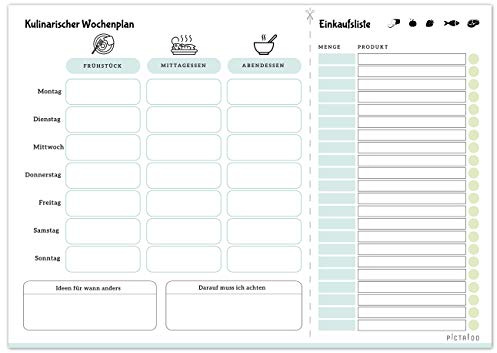 PICTALOO Kulinarischer Wochenplan, Menüplaner & Einkaufsliste in Din A4 mit 50 Blatt, der Essensplaner für die ganze Woche inkl. Platz für Ideen (blau magnetisch)