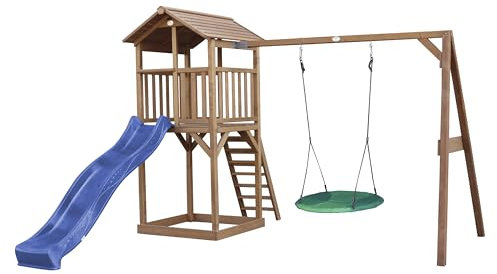 AXI Beach Tower Spielturm aus Holz in Braun | Spielhaus für Kinder mit Blauer Rutsche, Nestschaukel und Sandkasten | Stelzenhaus für den Garten
