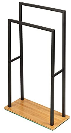WENKO Handtuchständer Bambusa, stehende Handtuchhalterung mit 2 Handtuchstangen, Fuß aus Bambus, Gestell aus schwarzem Stahl, Loft-Style, nachhaltiges Bad-Accessoire, 46 x 20 x 80 cm, Natur/Schwarz