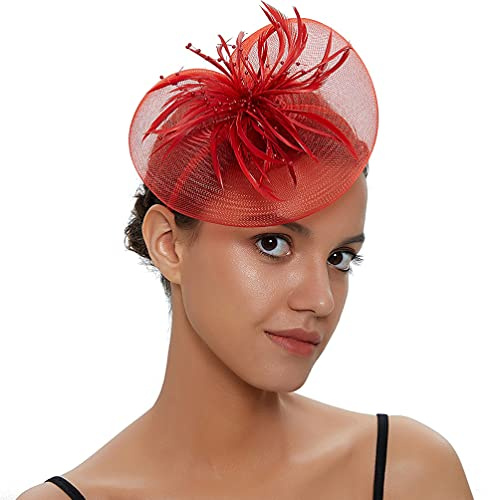 Fascinator Hut Elegante Feder Net Mesh Derby Tee Party Hüte Headwear Elegante Hochzeit Stirnbänder für Frauen Mädchen Rot