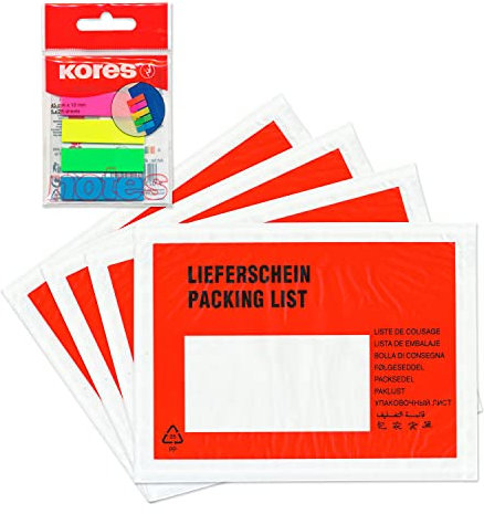 WPTrading - 1.000 x Lieferscheintaschen 225 x 165 mm DIN C5 Rot Lieferschein inkl. 125 Page-Marker in 5 Farben - Dokumenten-Taschen selbstklebend, lang - Begleitpapiertaschen für Versanddokumente