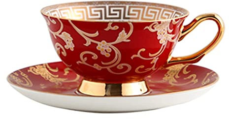 DUNAKE Taza de Porcelana Inglesa, Tazas de té y platillos Conjuntos Vintage, Taza de Taza de café con platillo para Latte, té, 6,8 oz, Taza de té de impresión de Mano Dorada con Juego de platillos