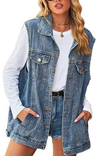 Perbai Damen Oversized Denim Weste Distressed Mid Long Sleeveless Jean Jacket Weste mit Taschen, Hellblau, S