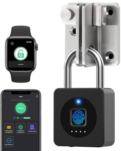 eLinkSmart Gym Locker Padlock, or App Unlock via Phone iOS Watch, Record, IP67 Waterproof, Keyless Biometric Padlock for Gym, Luggage Bags, Locker and Storage, Garden Cupboard, Black