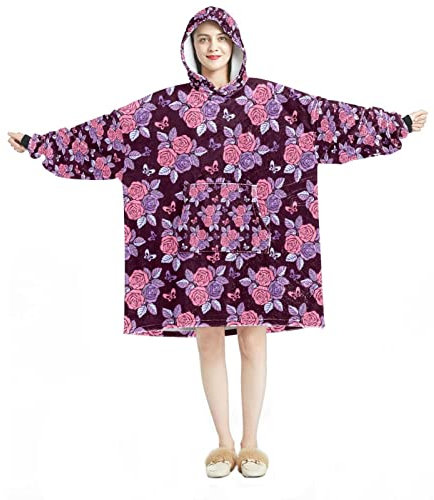Tragbarer Kapuzenpullover mit Kapuze, violett, rosa blühende Rosen, übergroße Kapuzendecke, Sweatshirt, Mehrfarbig, Einheitsgröße