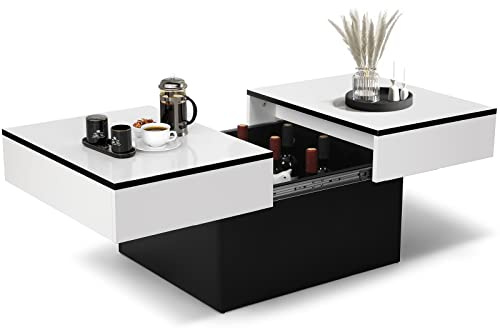 VOWNER Couchtisch Hochglanz Weiß 129x58x40cm | Wohnzimmertisch & Beistelltisch Ausziehbar mit 2 Stauräumen
