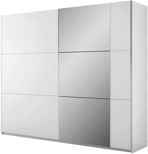 Schiebeschrank Bastia 250 cm mit Spiegel, Kleiderschrank Schlafzimmer, Wohnzimmer - 250 x 215 x 65 Farbe: Weiß, Schwebetürenschrank mit 3 Kleiderstange, Ablagen und 2 Schubladen; Mehrzweckschrank