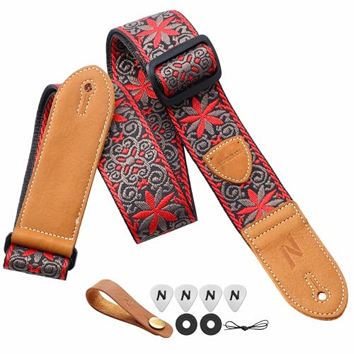 Nefelibata Gitarrengurt,2 Doppelte Lederenden,Vintage Woven W/FREE BONUS-4 Picks+Strap Locks+Strap Button,Bestes Geschenk für Bass,Elektro&Akustik Gitarren für Gitarre(Vintage rot braun Stickerei)
