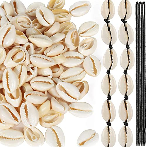KHDULQ Muschel Perlen 100 Stück mit Löchern Natürlichen Muschel Perlen | 16–18 mm Spiralschale Perlen mit 5 m schwarzem Seil für die Herstellung von DIY-Schmuck, Basteldekoration
