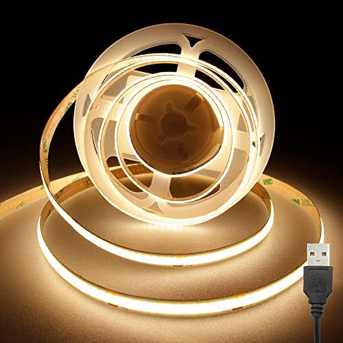 TTWAY USB COB LED Streifen 2m, 5V 3000K LED Streifen, CRI 93+, 8mm Breite, USB LED Strip Warmweiße für TV-Hintergrundbeleuchtung, Spiegel, Kleiderschrank, Treppe, DIY Licht, Heimdekoration
