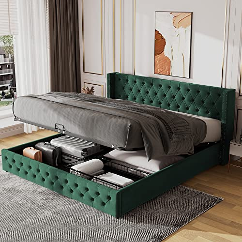 FEZTOY Upholstered Bed with Hydraulic Lever, 135x190 Lift Up Ottoman Bed, Double Bed Frame, Functional Storage Bed, without mattress, Green B