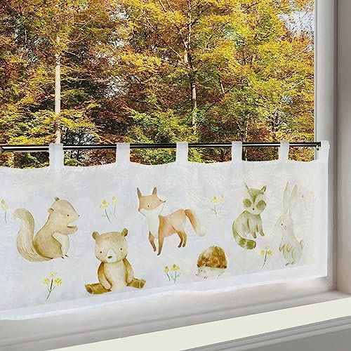 Delindo Lifestyle® Scheibengardine Waldtiere, Gardine für Jungen und Mädchen, 45x120 cm, Moderne tranparente Bistrogardine für das Kinderzimmer