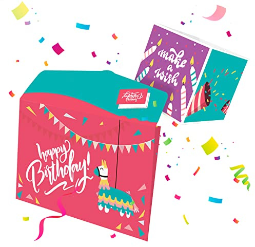 FETTIPOP Explodierende Konfetti Umschlag-Geburtstagskarte (Lama), Geschenkverpackung für Gutscheine, Konzertkarten, Reisegutschein, Geldgeschenk, Tickets