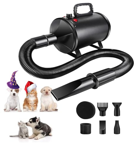 Asciugacapelli per cani Blower molto silenzioso, 3,8 PS/2800 W, asciugacapelli per barboncini, velocità del vento e temperatura regolabili, per la cura del cane, con 4 ugelli e tubo elastico da 2,3 m