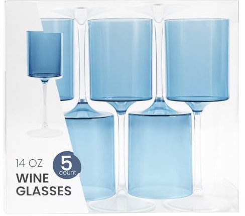 PLASTICPRO Paquete de 10 copas de vino de plástico de 14 onzas, elegantes copas de vino desechables de dos tonos con tallo reutilizables de plástico duro para fiestas, bodas, azul y transparente