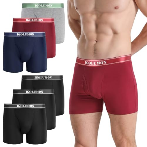 IGOLUMON Bamboo Men's Boxers Shorts Multipack 6 Pack Soft Comfortable Underwear Open Fly With Pouch Breathable Classic Fit Underpants Hipsters