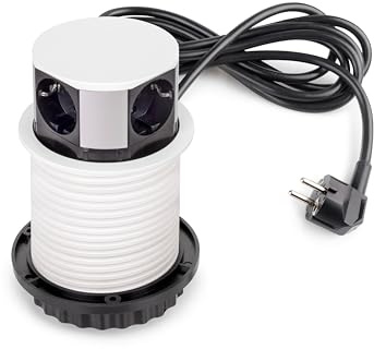 Emuca - Multiconector extraíble Vertikal Push diámetro 100mm, 3 enchufes Tipo Schuko, 1 USB Tipo A, 1 USB Tipo C, Acero y Plástico, Pintado Blanco