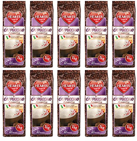 HEARTS Cappuccino Amaretto 10 x 1 kg – Dégustation à l'italienne, environ 80 tasses/paquet, poudre de café instantané – Emballage de conservation – Aromatique et soluble
