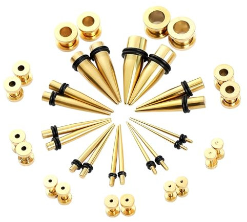 ANAZOZ Ohr Plug 1.6mm-10mm, Edelstahl Ohr Flesh Tunnel 36er Set Dehnstäbe Tunnel Herren, Ohr-Stretching Ohrringe Gold