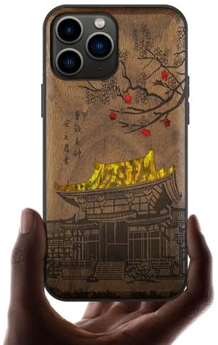 Carveit Coque Compatible avec iPhone 11 Pro Étui en Bois Cover [Gravure en Bois et Incrustation de Coquille] Case pour 11 Pro Coque Premium (Noyer-Temple Traditionnel)