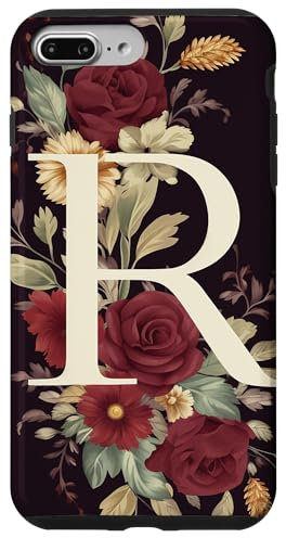iPhone 7 Plus/8 Plus Initial Letter R Maroon Floral Case