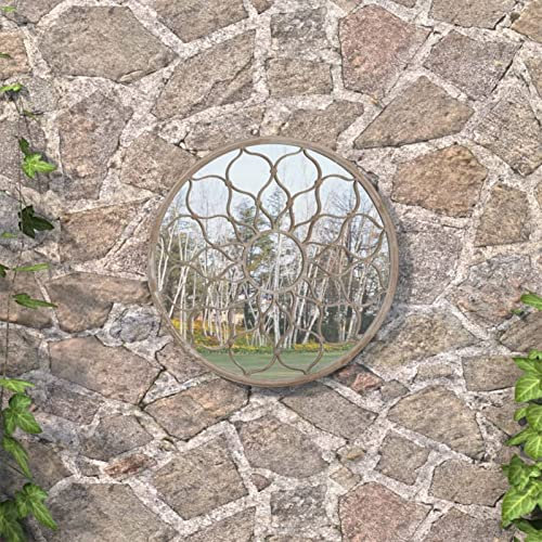 ZEYUAN Gartenspiegel, Spiegel Fenster, Kirchenfenster, Fensterförmiger Spiegel, Window Mirror, Fensterspiegel, Spiegel Landhausstil, Wandornament, Sand 40x3 cm Eisen Rund