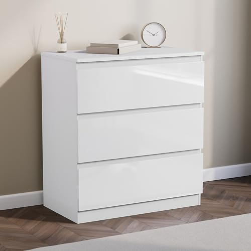 Vida Designs Glinton 3 Drawer Chest of Drawers | White | 73.5H x 65W x 35D cm | Stylish High-Gloss | Compact Space-Saving Nightstand | Smooth Glide Drawer | Ideal Furniture for Bedroom, Guest Room