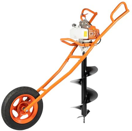 63,3 CC bensin jordborr, trädgård jordborr, jordborr inklusive borrfästen 30 cm, borrdjup 77 cm, 2-takt bensin-jordhålsborr bärbar jordborr, trädgårdsborr med hjul