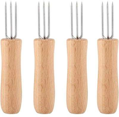 TOZBLEU Maiskolbenhalter,6 pcs Maiskolbenhalter,Küchenzubehör,Holz Mais-Gabel mit 3 Edelstahl-Zinken,Mais-Spieße Gabeln für Zuhause,Kochen, BBQ