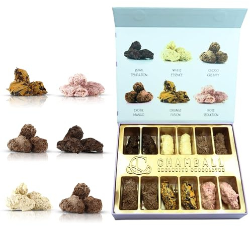 12 Trufas de Chocolate Belga Artesano con: Chocolate Blanco, Negro, Leche, Mango, Fresa y Naranja, Rocas de Chocolate ideal para Disfrutar y Regalar, Caja regalo Chocolate con Trufas Magicas CHAMBALL