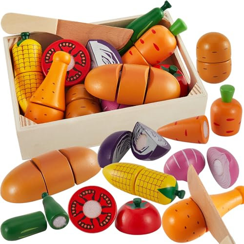 LINFUN KIDS Gioco Verdura da Tagliare Cucina Giocattolo per Bambini Legno Giochi Cibo Gioco di Ruolo Educativo Montessori Regalo Per Bimbo 1 2 3 Anno
