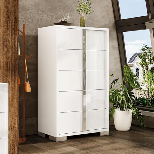 AMERLIFE 50.2 H Modern 5 Drawer Dresser, Glossy Surface Chest of Drawers, Large Storage Organizer for Bedroom, Living Room, Cloakroom, Luxury, White