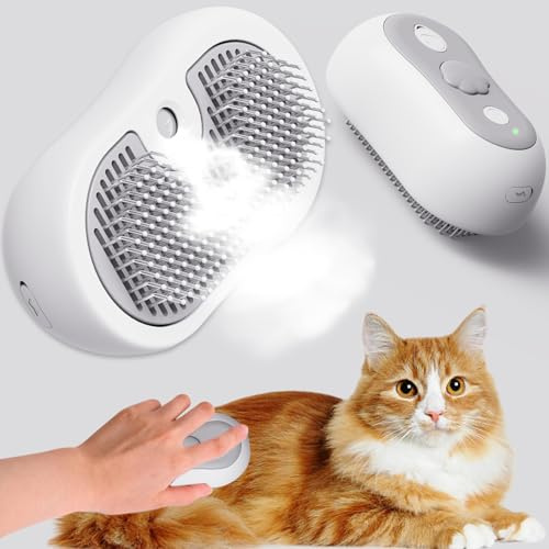 Katzenbürste mit Dampf, 3-in-1 wiederaufladbare Dampfbürste Katze, Katzenbürste Dampf für lang- und kurzhaarige Katzen, Fellpflegebürste mit Dampf und Ein-Knopf-Reinigung