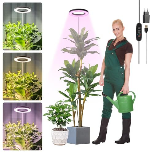 LUZOON Pflanzenlampe LED Vollspektrum mit Standfuß für Zimmerpflanzen 30cm~147cm Höhenverstellbar 3 Farben Grow Light mit Timer 3/9/12H, 10 dimmbare Stufen mit USB Adapter Schwarz [Energieklasse C]