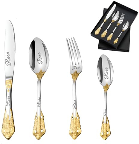 Customise Vintage Luxury Flatware Set, Customized Engraved Name Dates 4pcs Personalised Adult Cutlery Set, Fork, Knife, Spoon and Teaspoon, Custom Cutlery for Gifts (Style 1, 4pcs)
