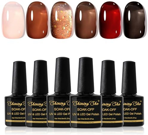 Shining She Jelly Gel Nail Polish Kit - 6PCS Nude Pink Brown Red Black Sheer Transparent UV/LED Soak-Off Gel for Nail Art Salon DIY Home, 8ML