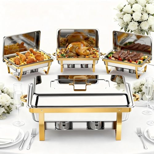 Frizoky Chafing Dishes for Buffet 4 Pack, 9QTGold & Silver Stainless Steel Food Warmers Elegant & Sturdy Chafing Dish Buffet Set, Complete Set for Weddings & Catering(Gold & Silver)