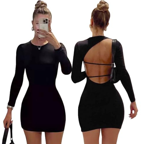 AOWVUTS Womens Sexy Mini Dress Long Sleeve Bodycon Dresses Crew Neck Backless Short Dress Hip-Hugging Tight Dress Basic Slim Fit Wrap Dress Club Cocktail Party Dress for Lady