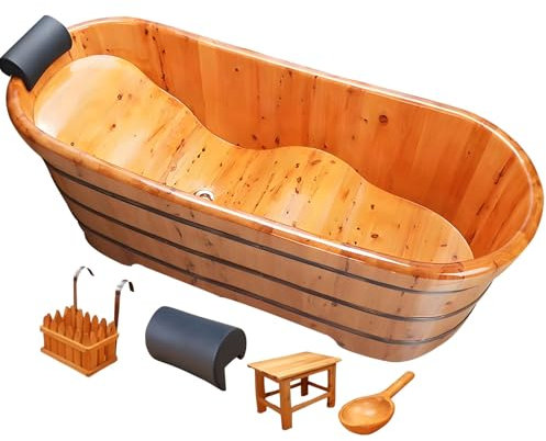 Qcesorib Badewanne Freistehend, 1.6m Duschbadewanne aus Massivholz, Große Badewanne Dusche mit Hocker, Kopfstütze, Hängekorb, Löffel, für Badezimmer, Dusche und Balkon